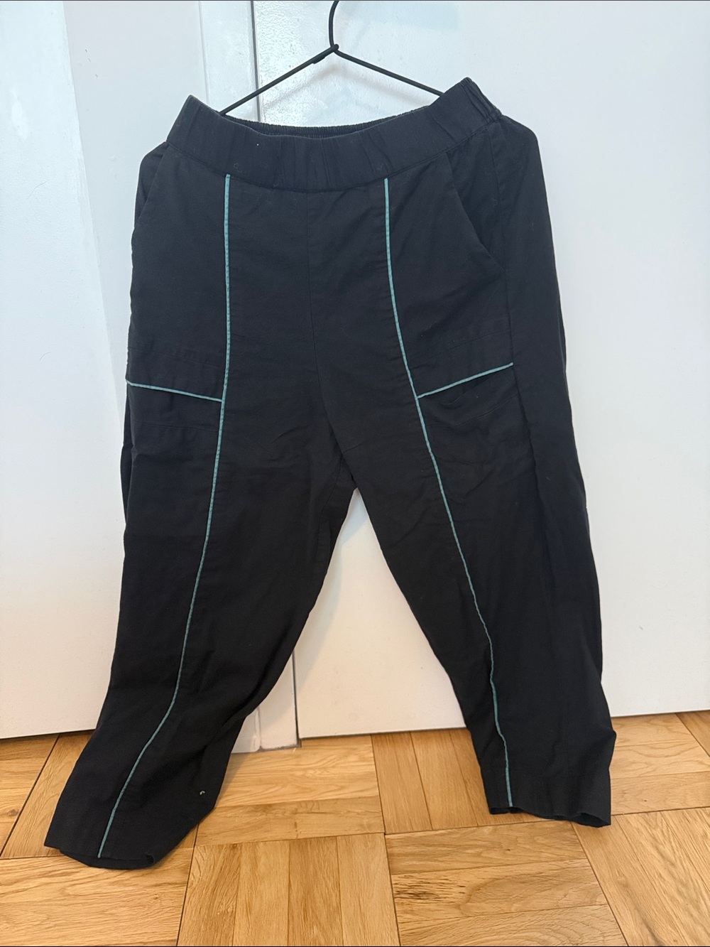 Black Men’s Casual Drawstring Pants with Teal Stitching
